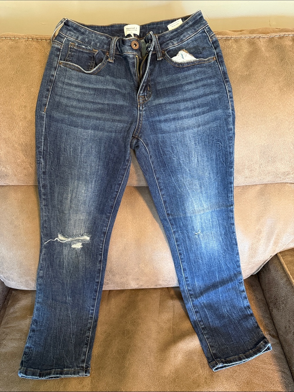 Dark Blue Distressed Cropped Jeans - Women's Ankle Fit